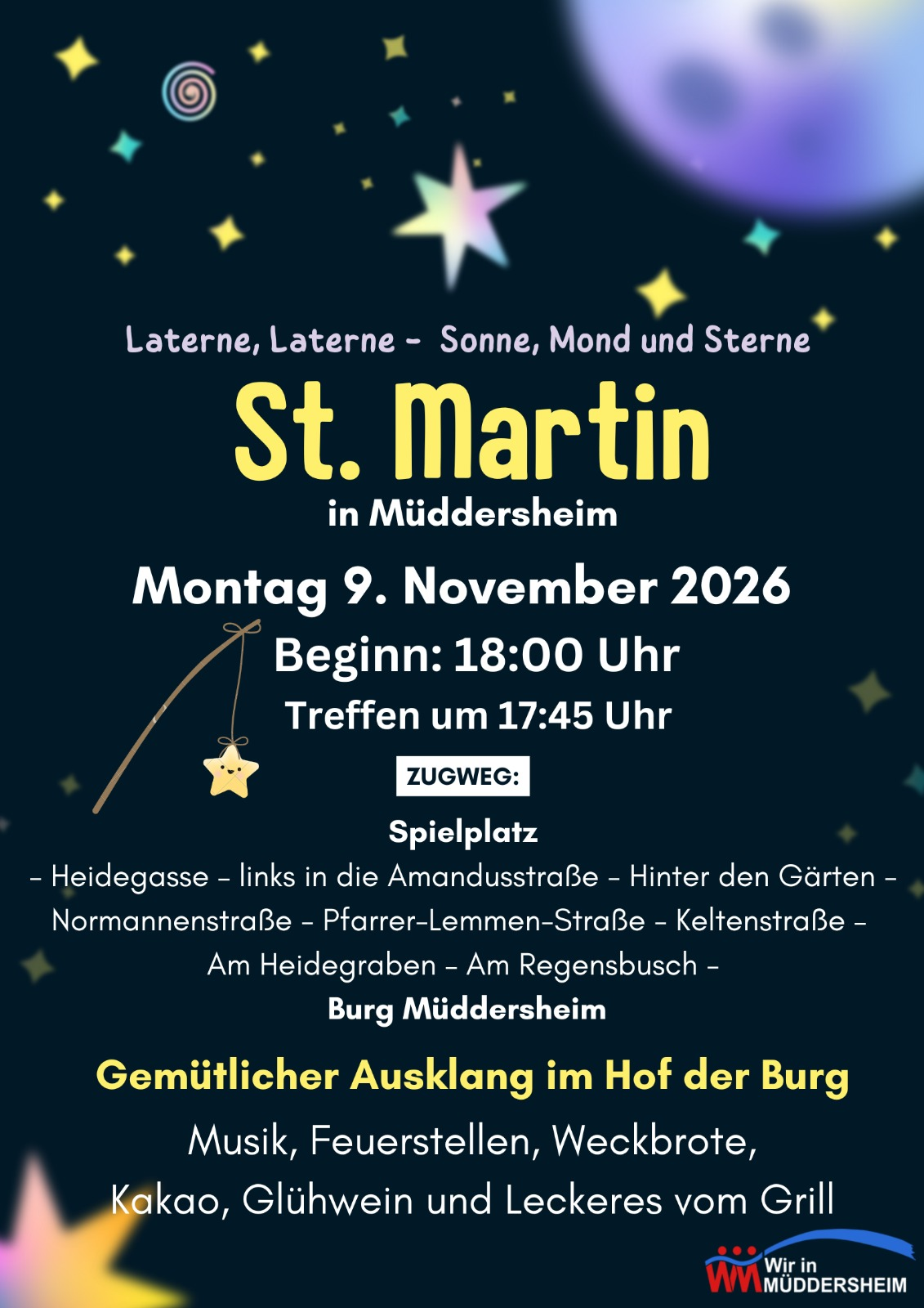 Plakat: St. Martin in Müddersheim am Montag, 9. November 2026. Treffen um 17:45 Uhr am Spielplatz, Beginn um 18:00 Uhr, Ausklang an der Burg.